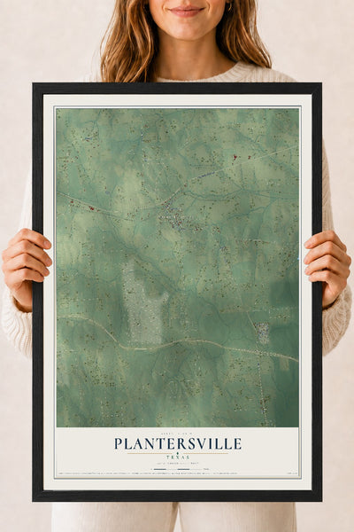 Map of Plantersville, Texas, 18 x 24 inch print in a black wood frame