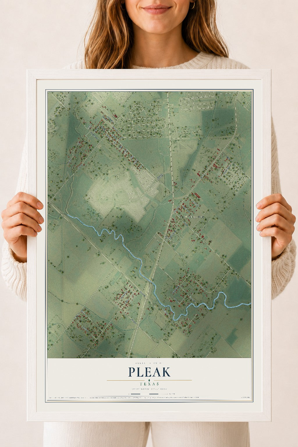 Map of Pleak, Texas, 18 x 24 inch print in a white wood frame