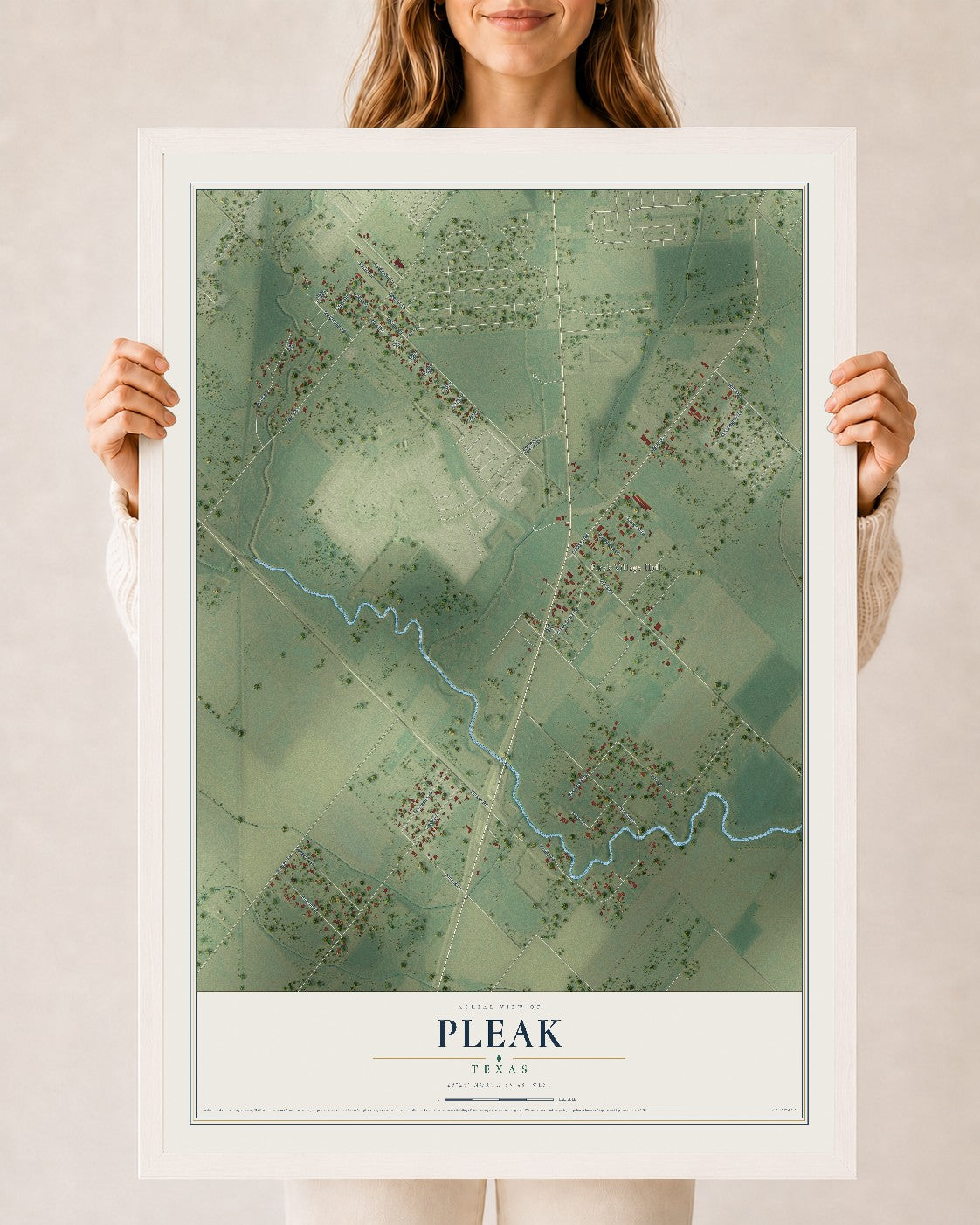 Map of Pleak, Texas, 24 x 36 inch print in a white wood frame