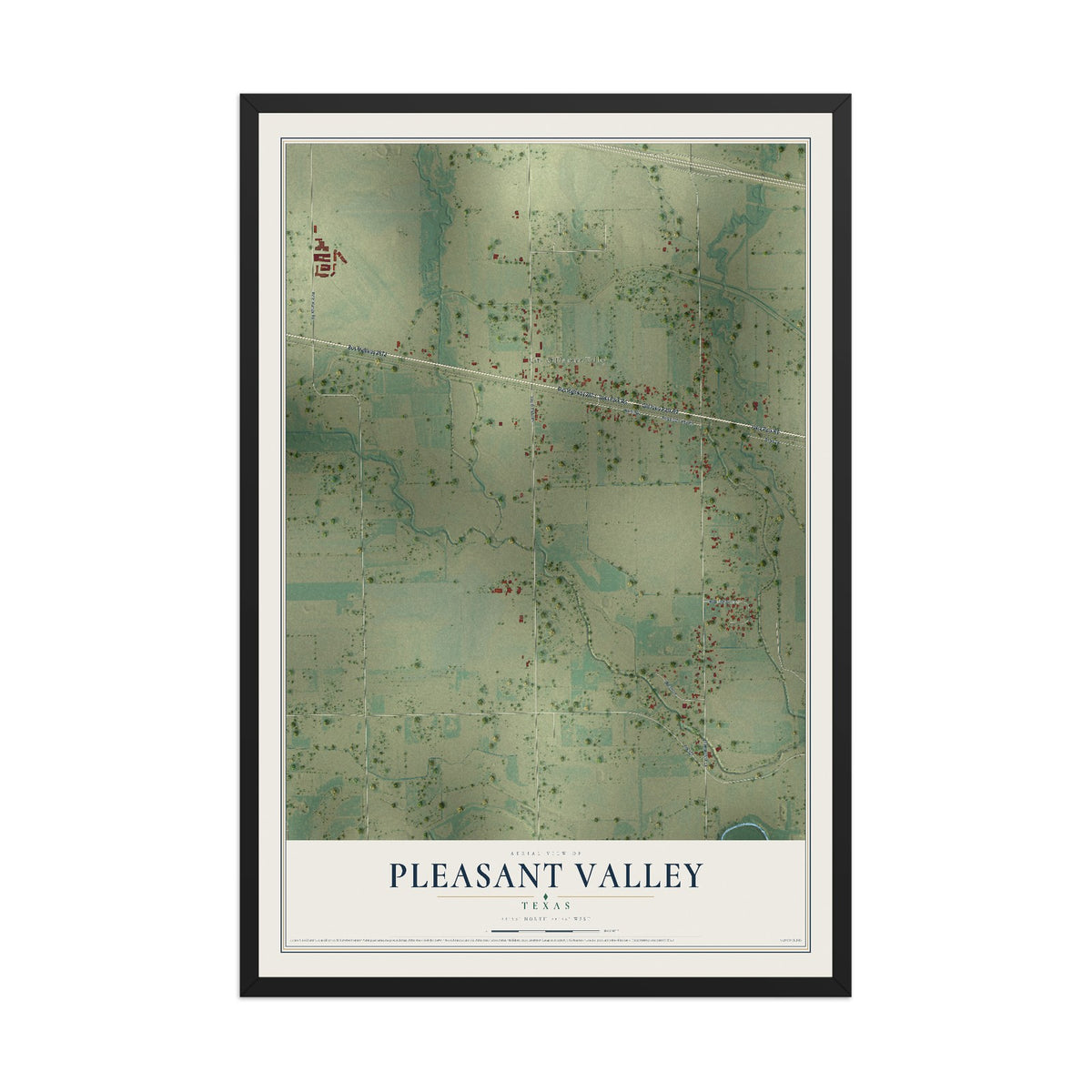 Map of Pleasant Valley, Texas, 12 x 18 inch print in a black wood frame