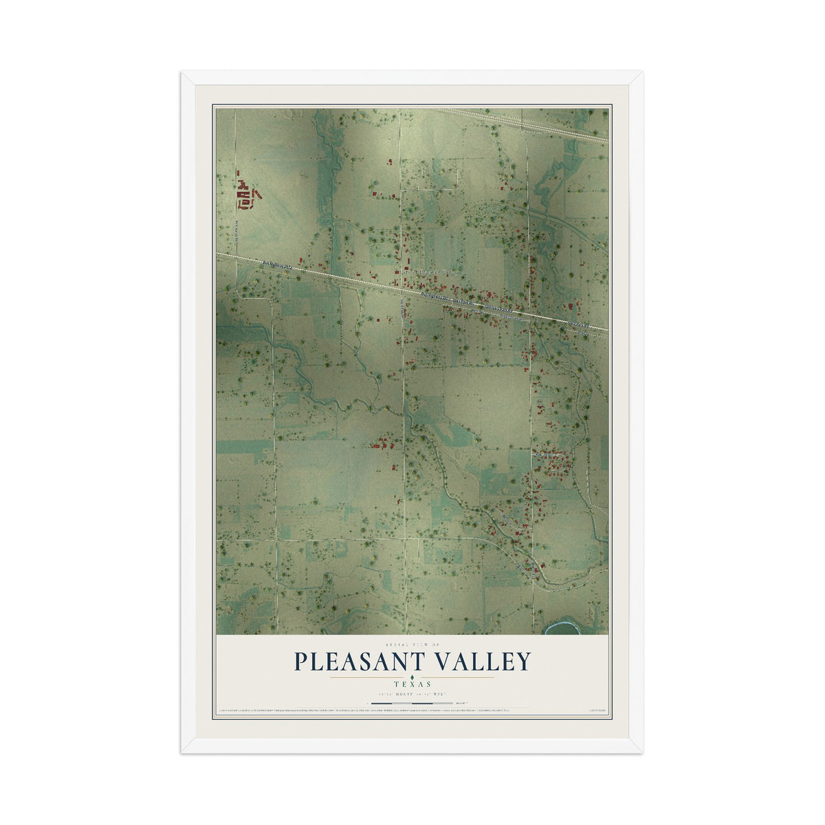 Map of Pleasant Valley, Texas, 12 x 18 inch print in a white wood frame