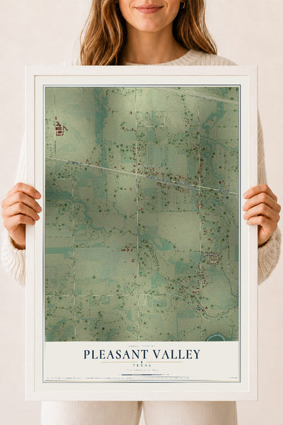 Map of Pleasant Valley, Texas, 18 x 24 inch print in a white wood frame