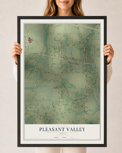 Map of Pleasant Valley, Texas, 24 x 36 inch print in a black wood frame
