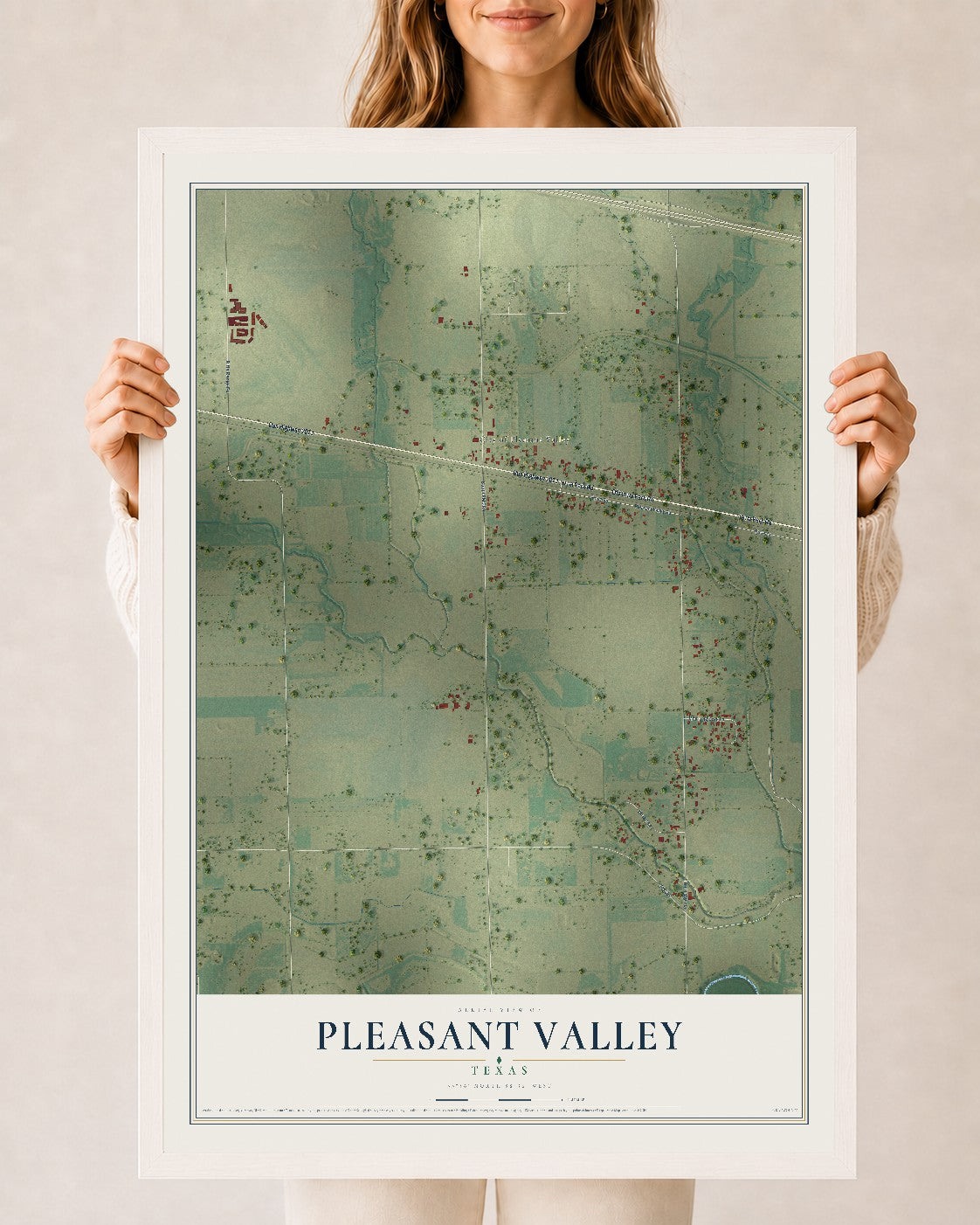Map of Pleasant Valley, Texas, 24 x 36 inch print in a white wood frame