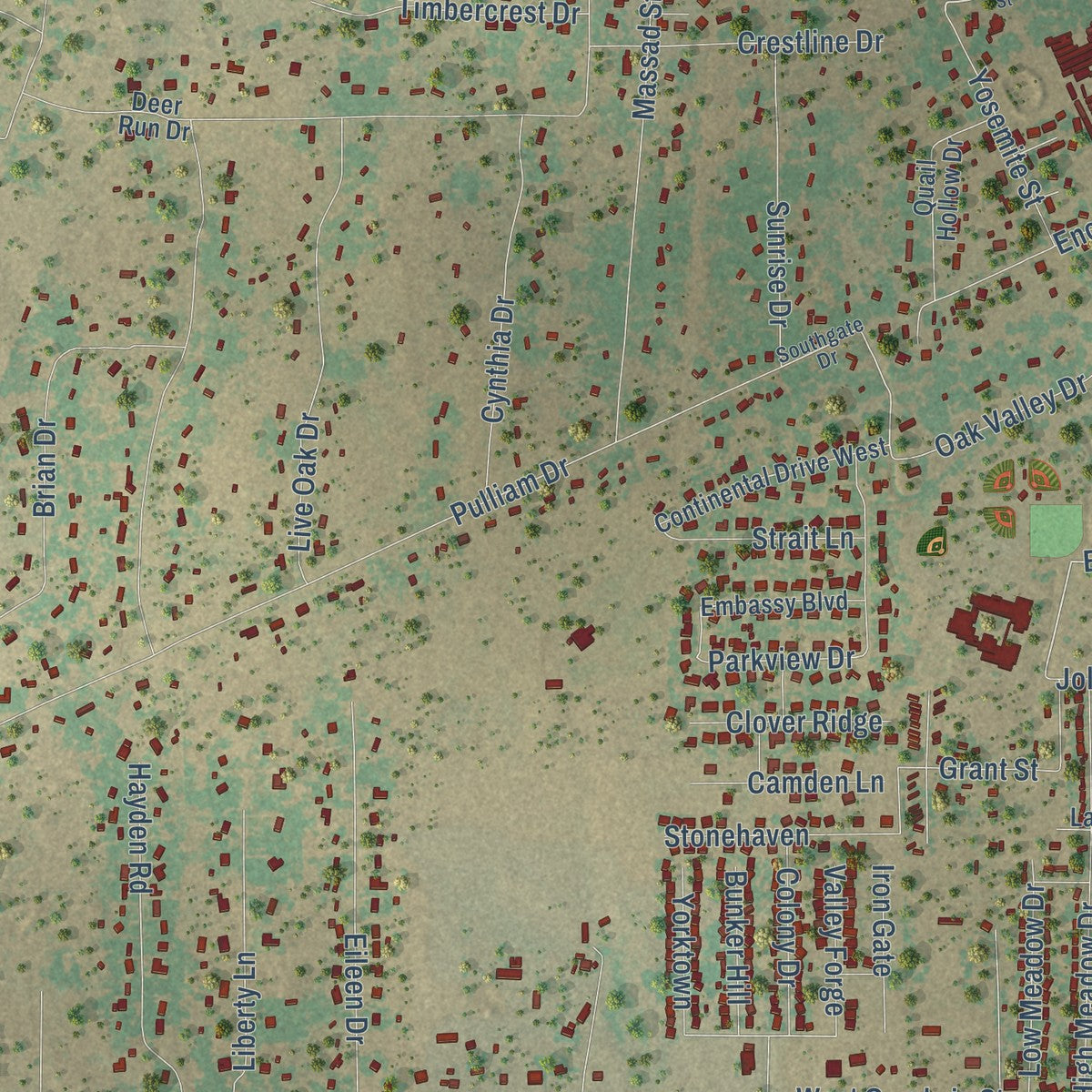 Second close-up of the map of Pleasanton, Texas print showing more streets and buildings