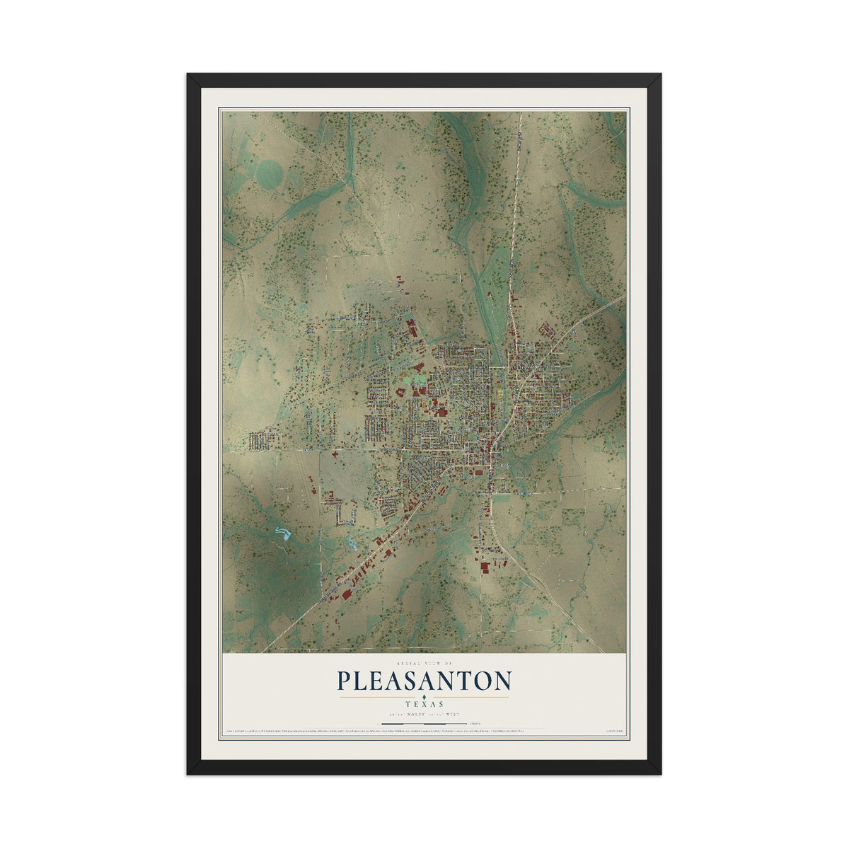 Map of Pleasanton, Texas, 12 x 18 inch print in a black wood frame