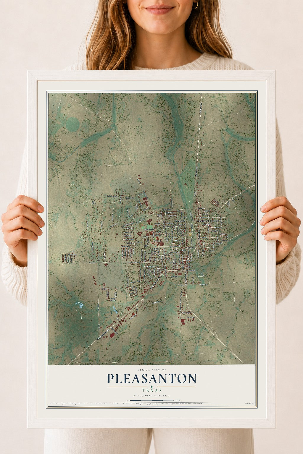 Map of Pleasanton, Texas, 18 x 24 inch print in a white wood frame