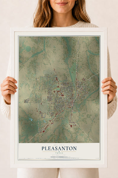 Map of Pleasanton, Texas, 18 x 24 inch print in a white wood frame