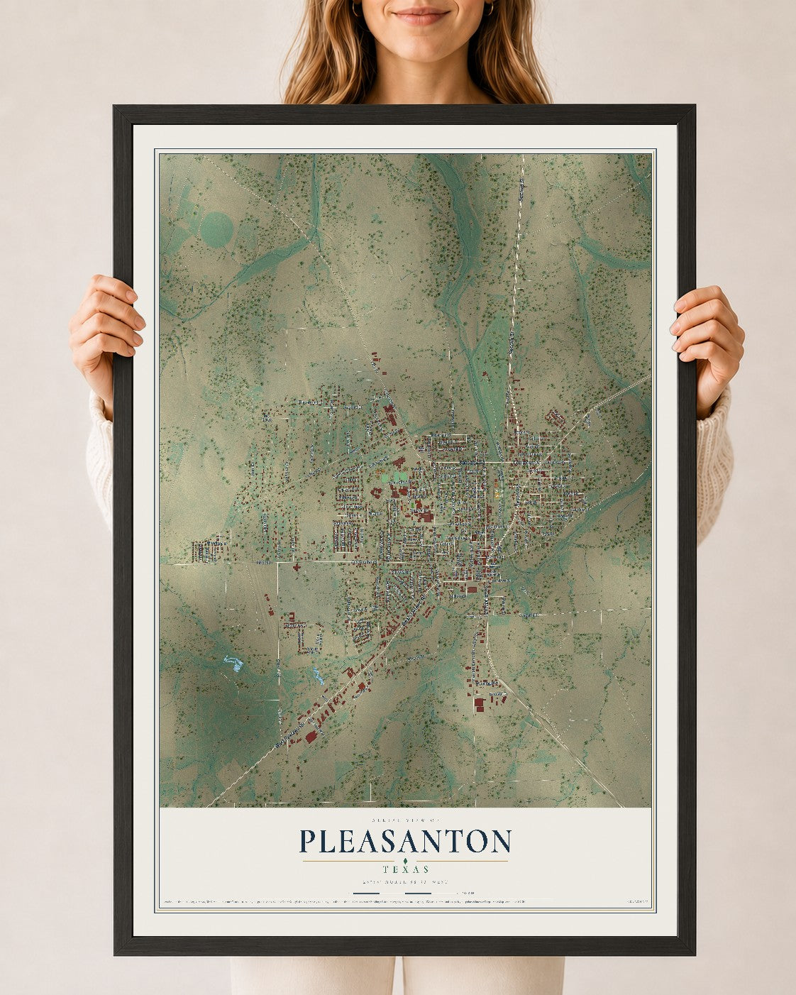 Map of Pleasanton, Texas, 24 x 36 inch print in a black wood frame