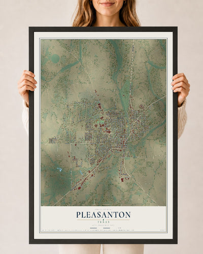 Map of Pleasanton, Texas, 24 x 36 inch print in a black wood frame