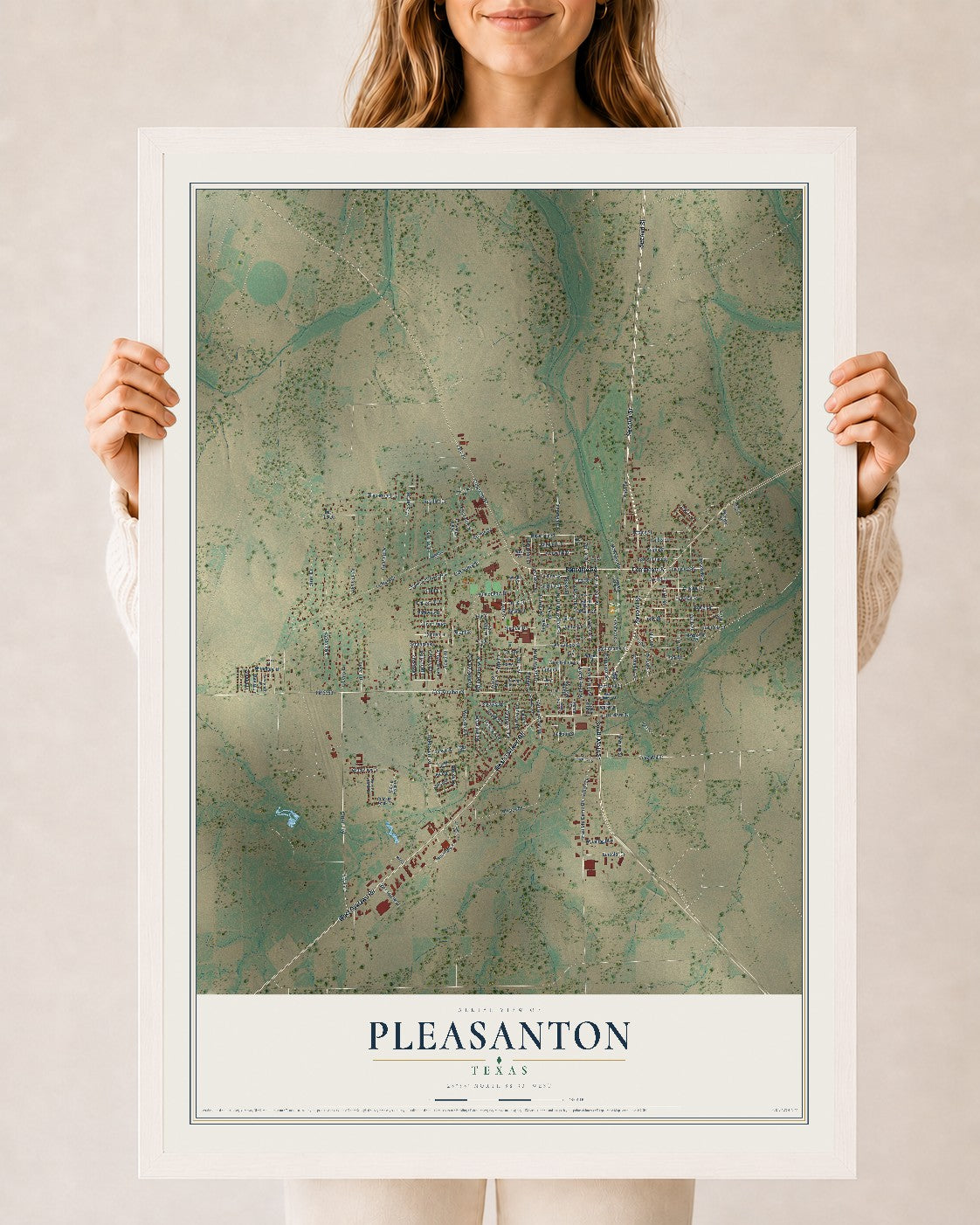 Map of Pleasanton, Texas, 24 x 36 inch print in a white wood frame
