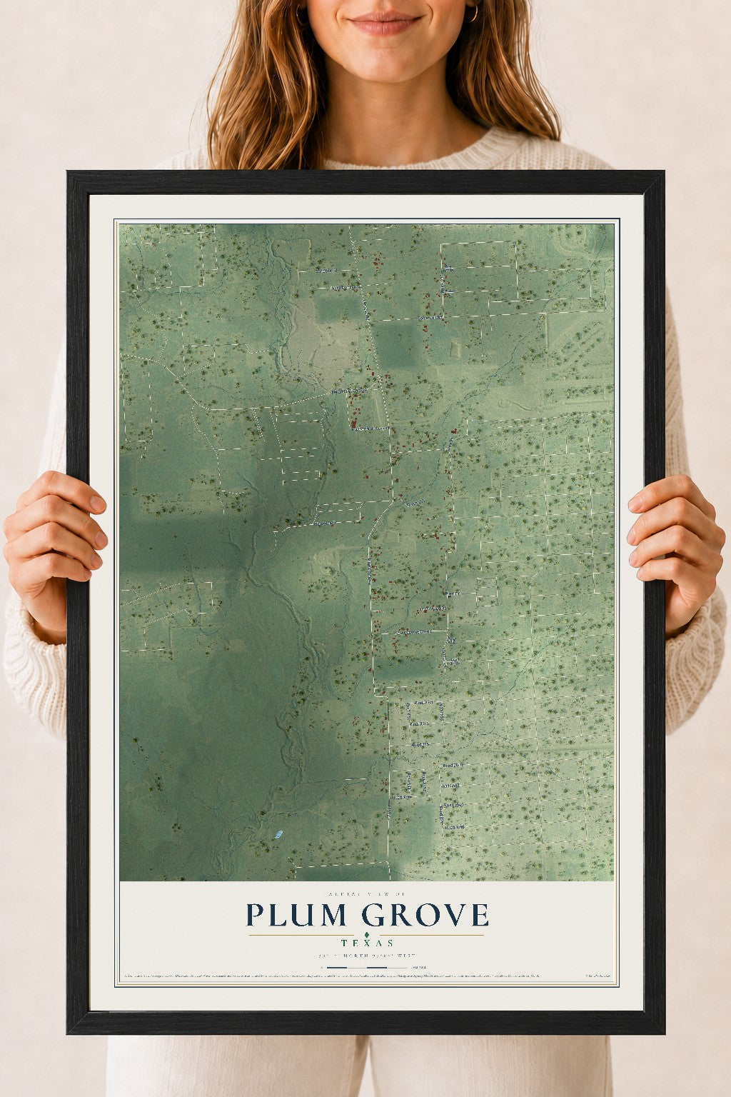 Map of Plum Grove, Texas, 18 x 24 inch print in a black wood frame