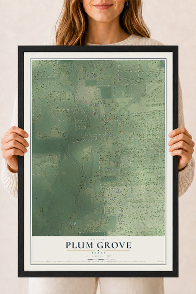 Map of Plum Grove, Texas, 18 x 24 inch print in a black wood frame
