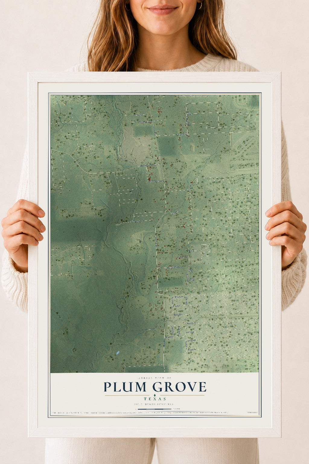 Map of Plum Grove, Texas, 18 x 24 inch print in a white wood frame