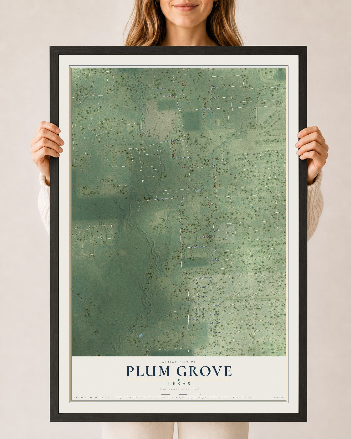 Map of Plum Grove, Texas, 24 x 36 inch print in a black wood frame