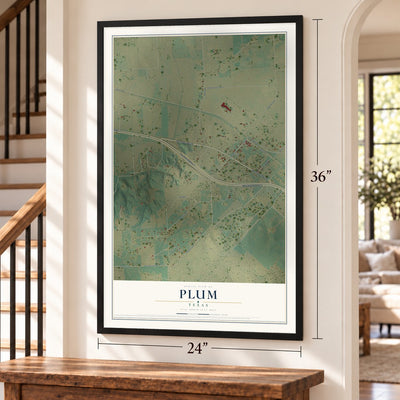 Plum, Texas map, 24 x 36 inch print in a black frame by a staircase