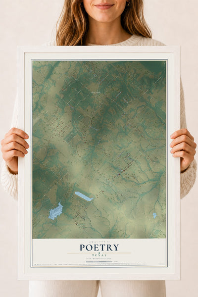 Map of Poetry, Texas, 18 x 24 inch print in a white wood frame