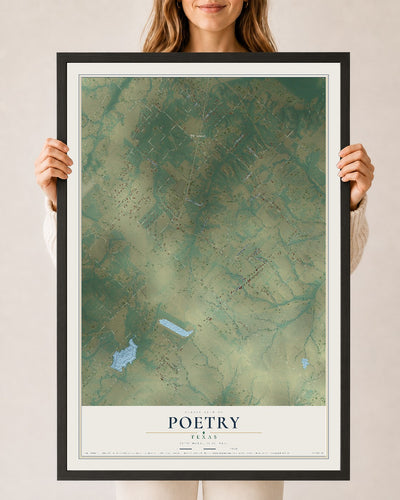 Map of Poetry, Texas, 24 x 36 inch print in a black wood frame