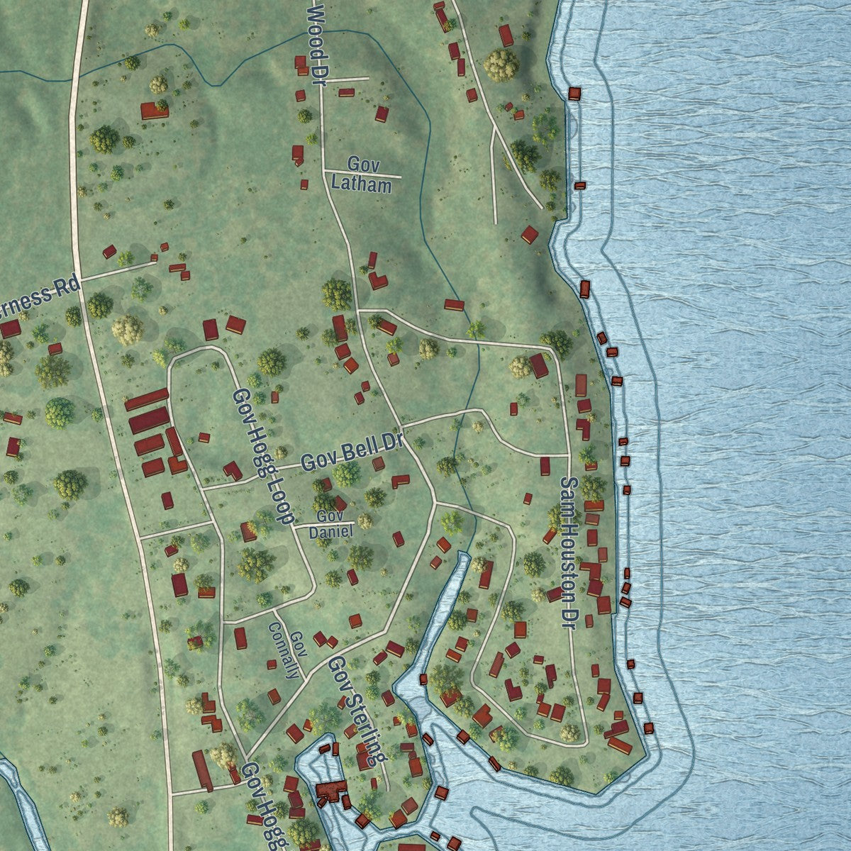Close-up of the map of Point Blank, Texas print showing street and building detail
