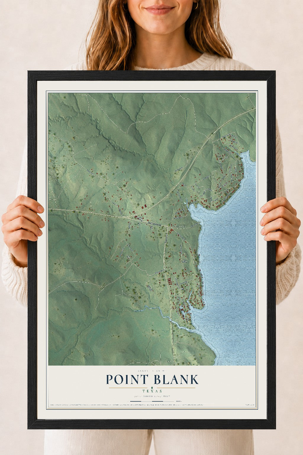 Map of Point Blank, Texas, 18 x 24 inch print in a black wood frame
