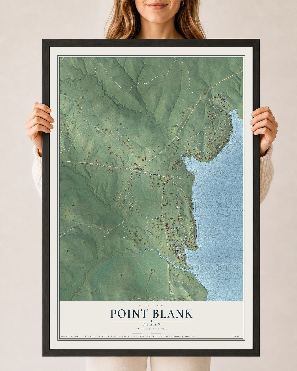 Map of Point Blank, Texas, 24 x 36 inch print in a black wood frame
