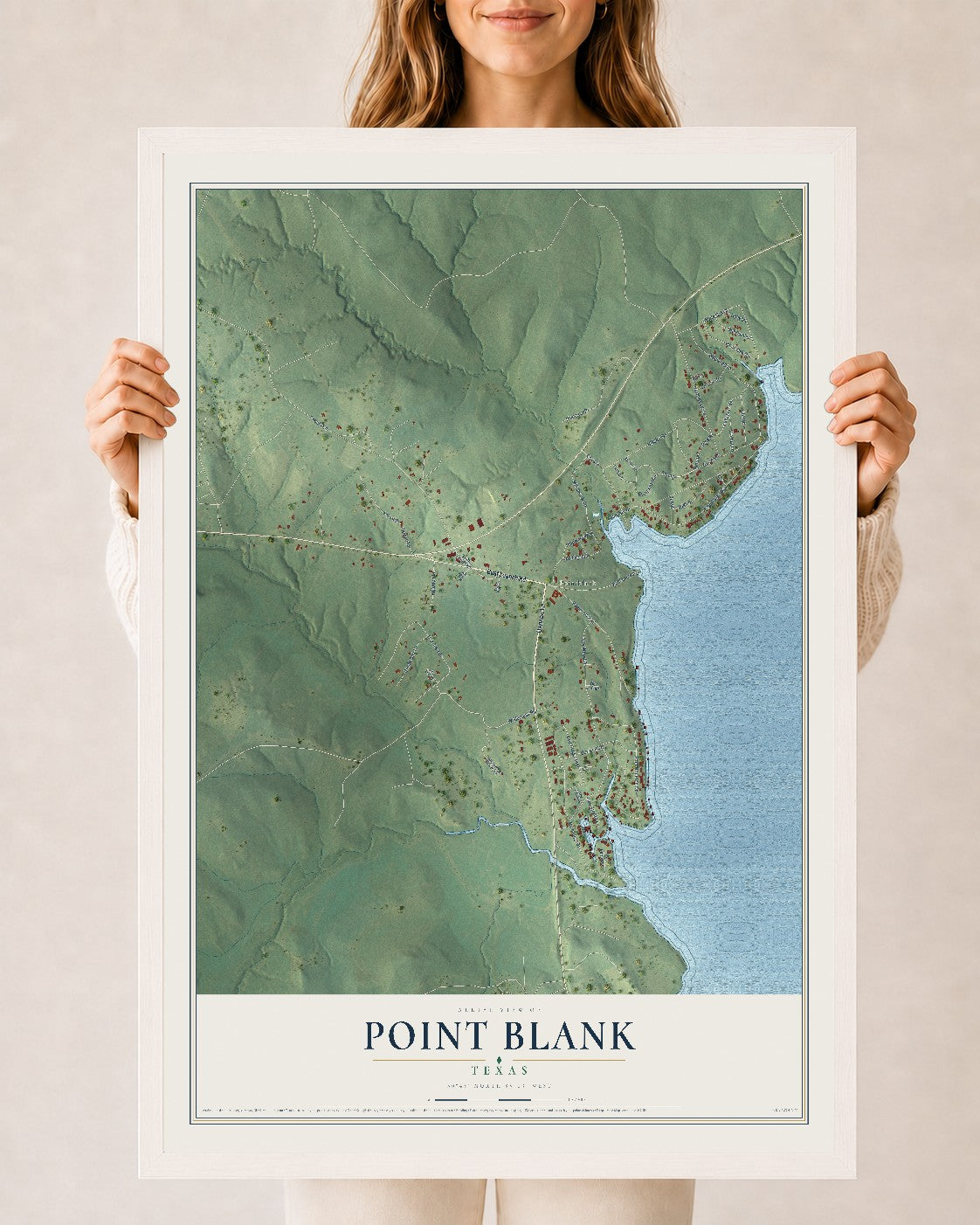 Map of Point Blank, Texas, 24 x 36 inch print in a white wood frame