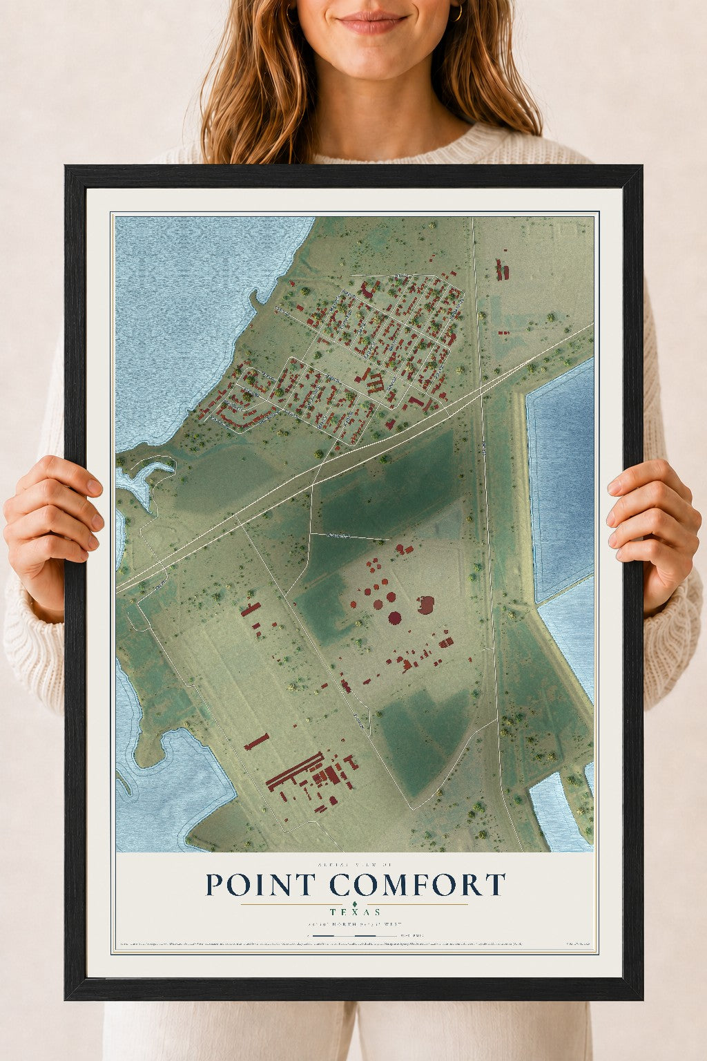 Map of Point Comfort, Texas, 18 x 24 inch print in a black wood frame