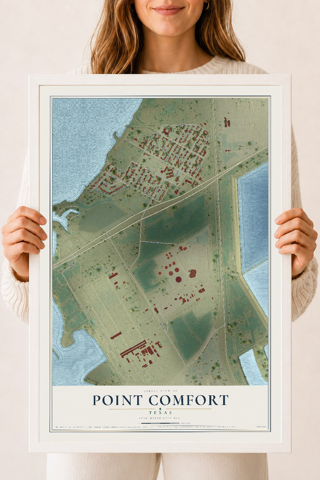 Map of Point Comfort, Texas, 18 x 24 inch print in a white wood frame