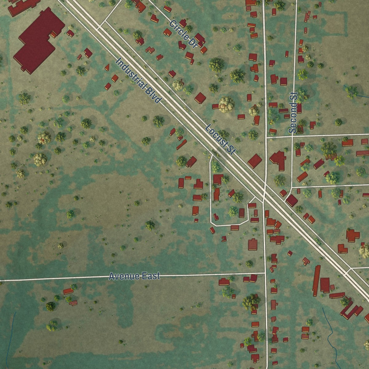 Close-up of the map of Point, Texas print showing street and building detail
