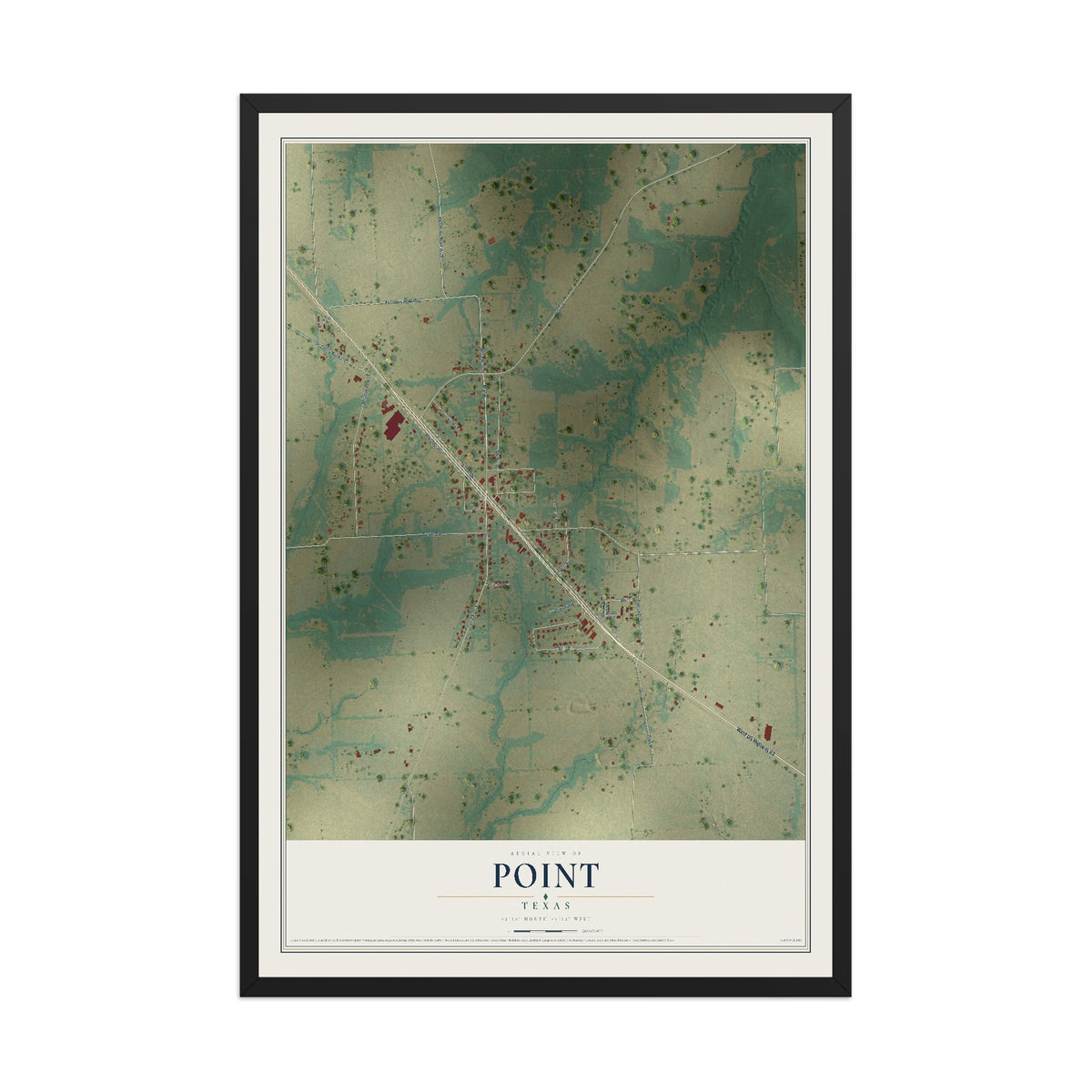 Map of Point, Texas, 12 x 18 inch print in a black wood frame