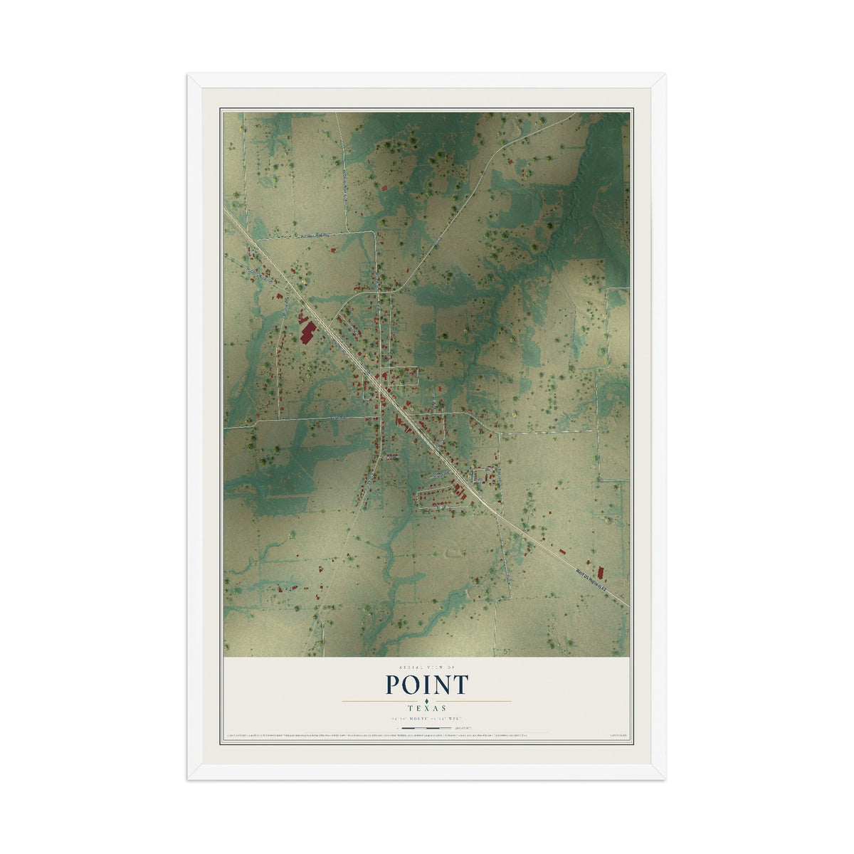 Map of Point, Texas, 12 x 18 inch print in a white wood frame