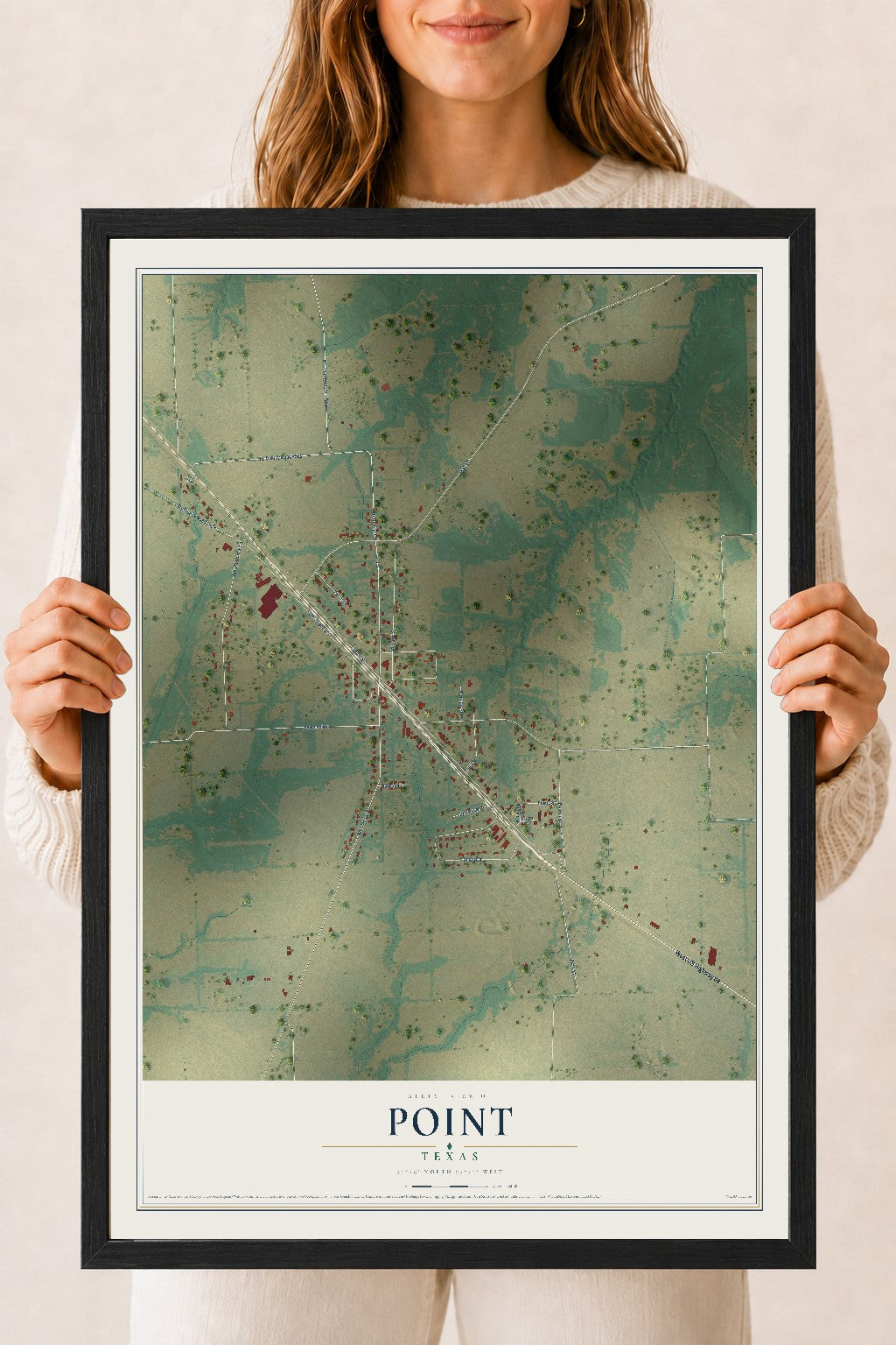 Map of Point, Texas, 18 x 24 inch print in a black wood frame
