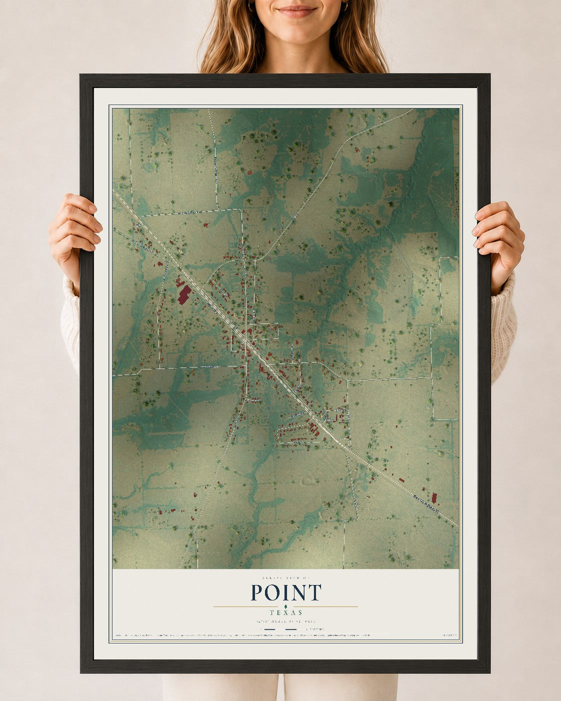 Map of Point, Texas, 24 x 36 inch print in a black wood frame