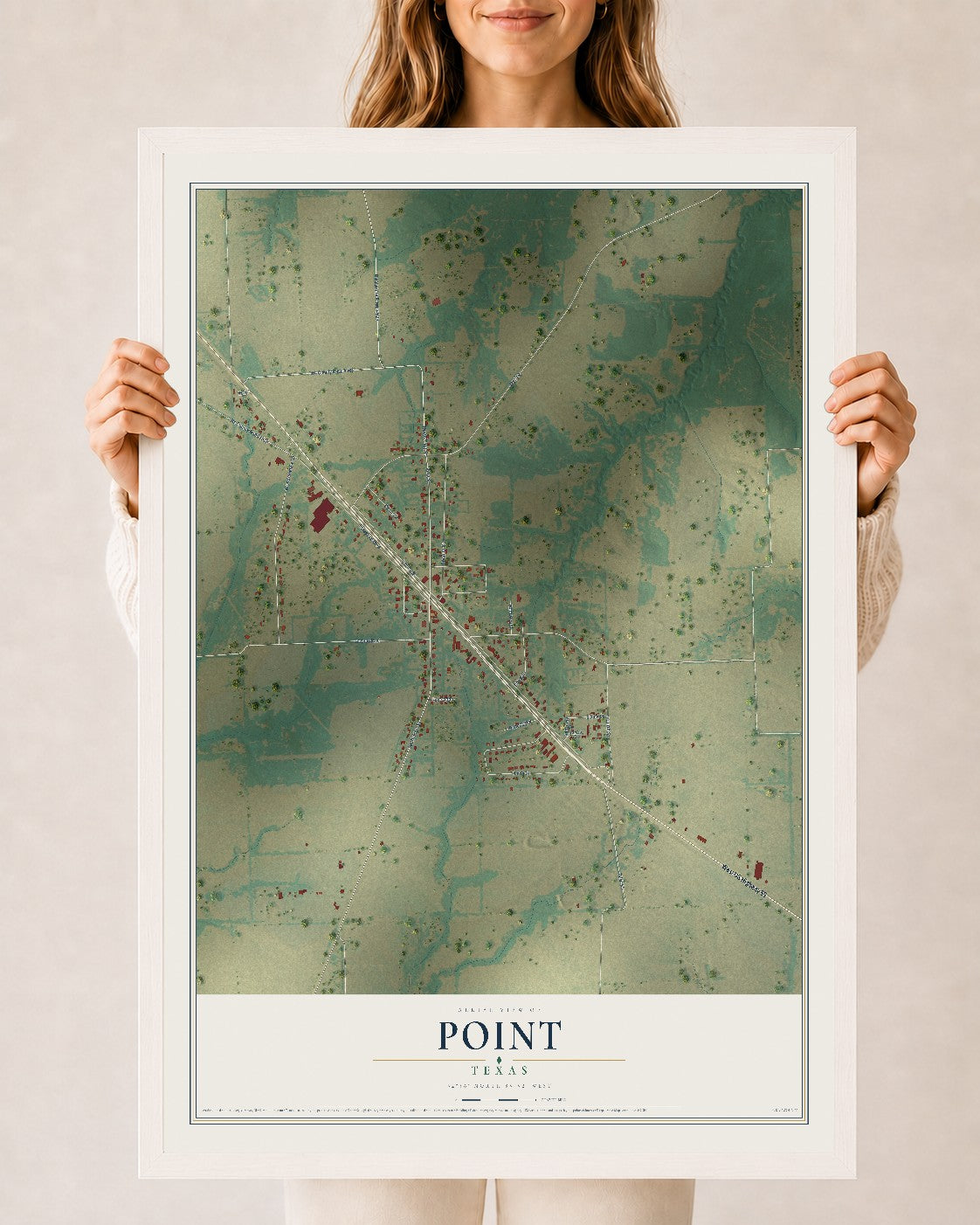 Map of Point, Texas, 24 x 36 inch print in a white wood frame
