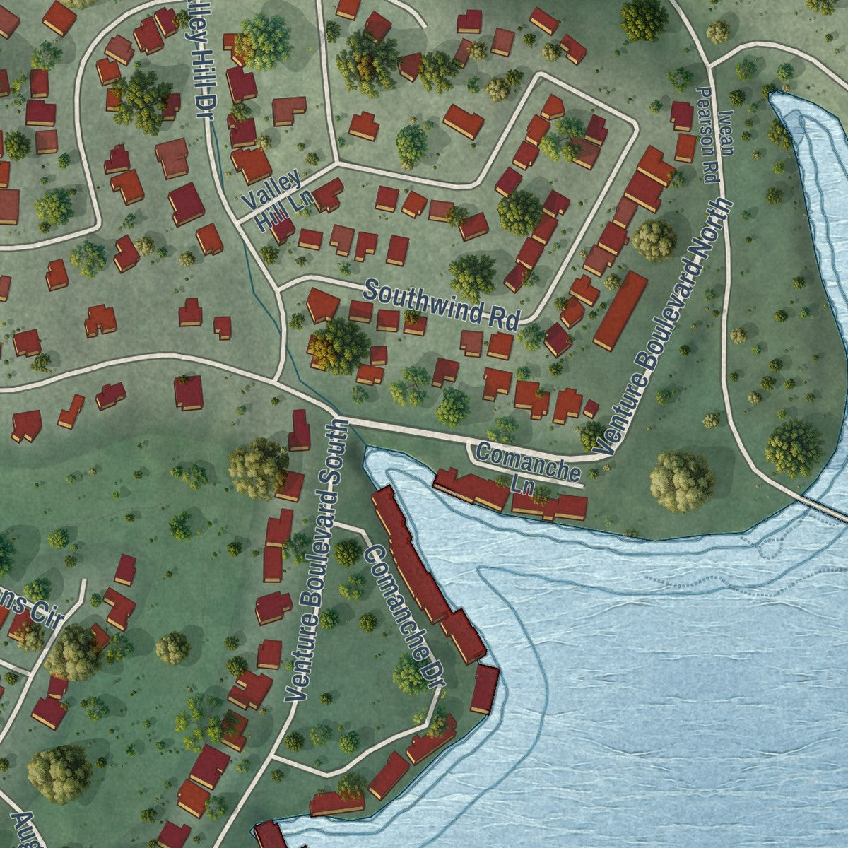 Second close-up of the map of Point Venture, Texas print showing more streets and buildings