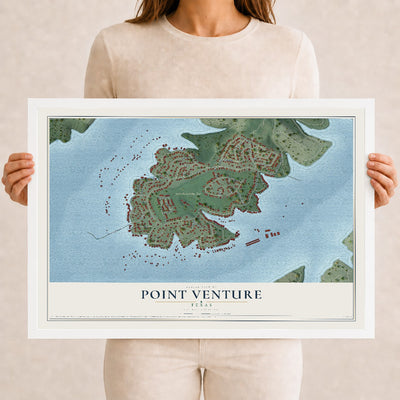 Map of Point Venture, Texas, 12 x 18 inch print in a white wood frame