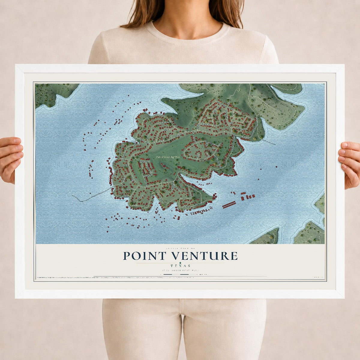 Map of Point Venture, Texas, 18 x 24 inch print in a white wood frame