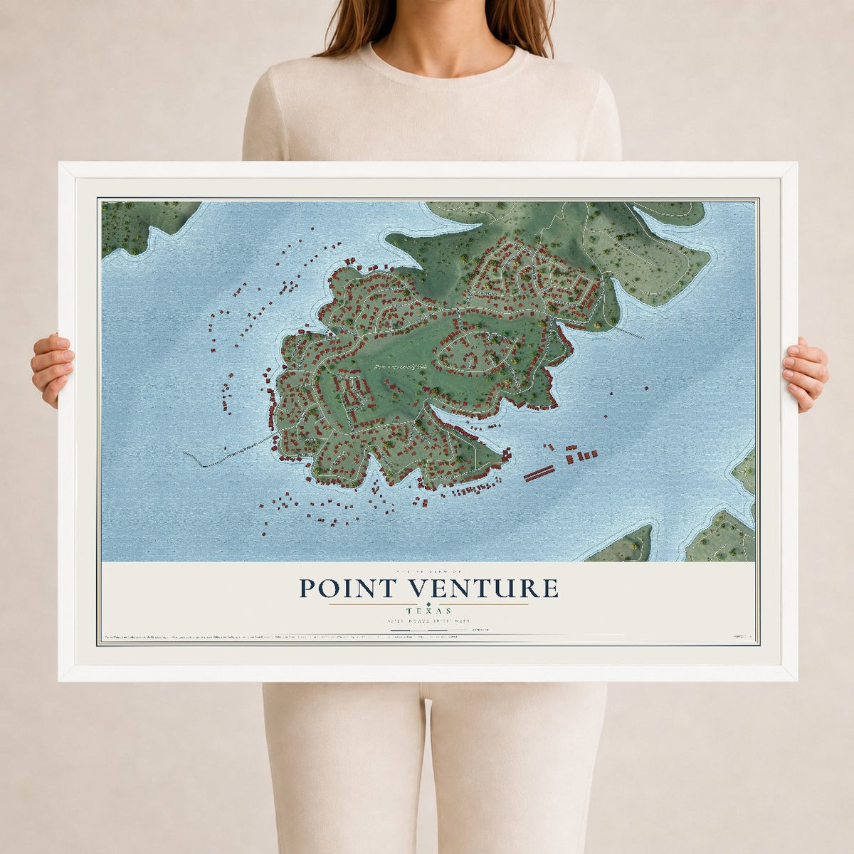 Map of Point Venture, Texas, 24 x 36 inch print in a white wood frame