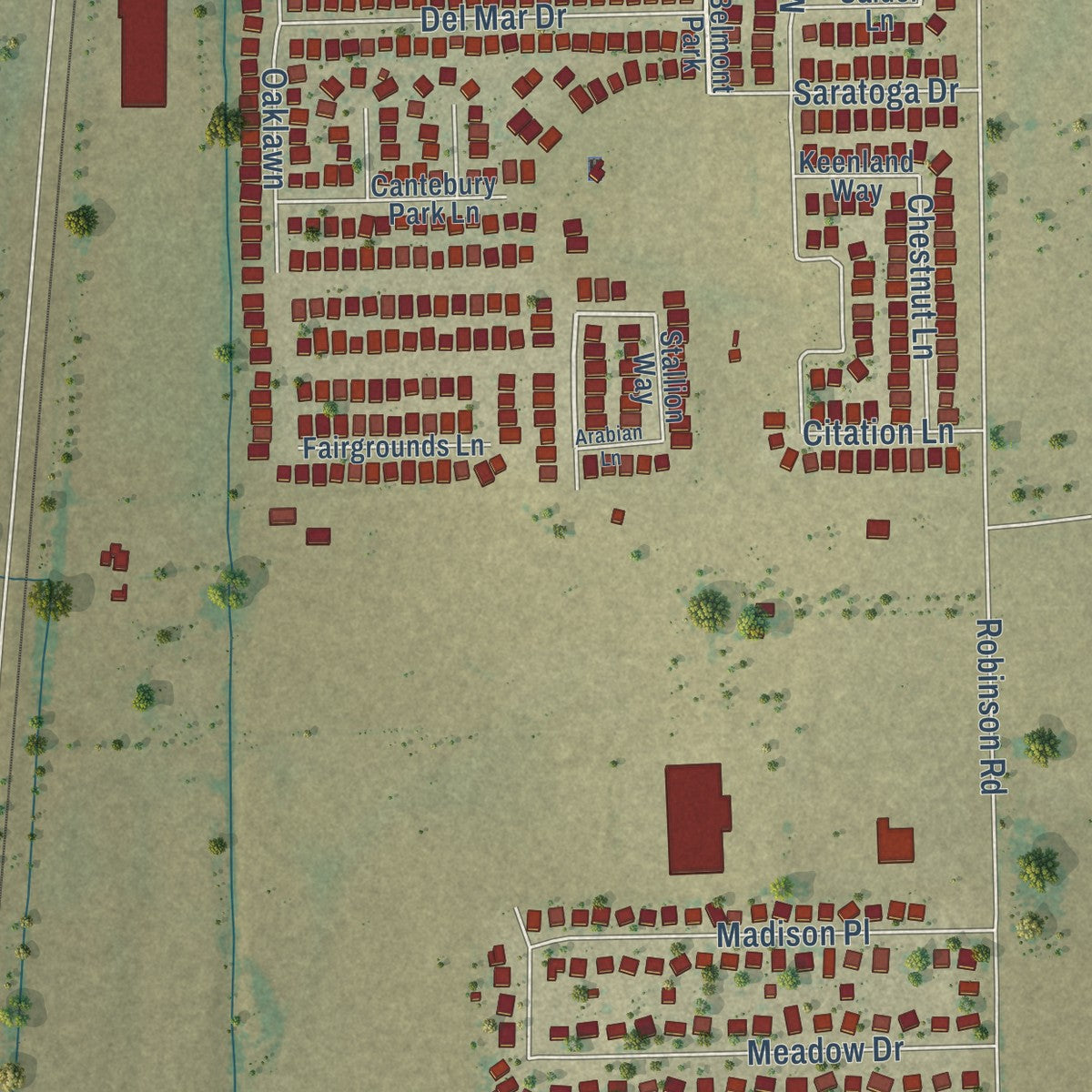 Close-up of the map of Ponder, Texas print showing street and building detail