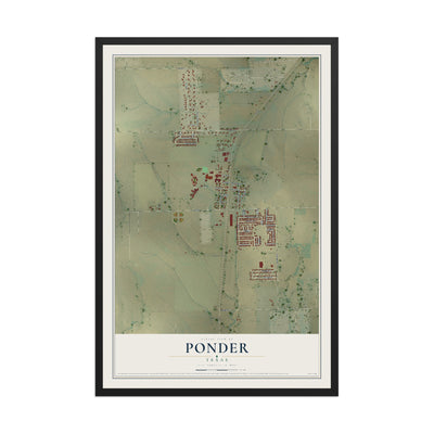 Map of Ponder, Texas, 12 x 18 inch print in a black wood frame