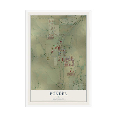 Map of Ponder, Texas, 12 x 18 inch print in a white wood frame