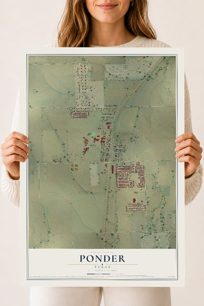 Map of Ponder, Texas, 18 x 24 inch unframed archival matte print
