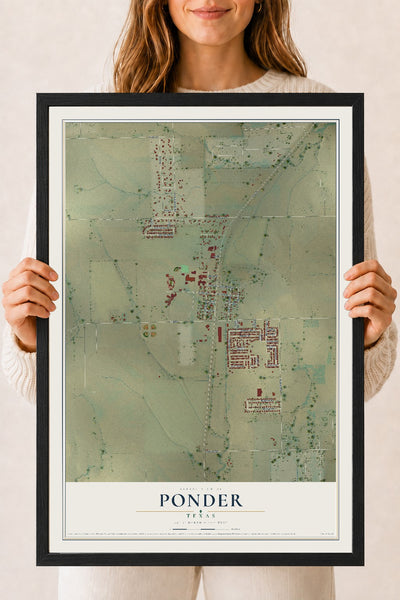 Map of Ponder, Texas, 18 x 24 inch print in a black wood frame