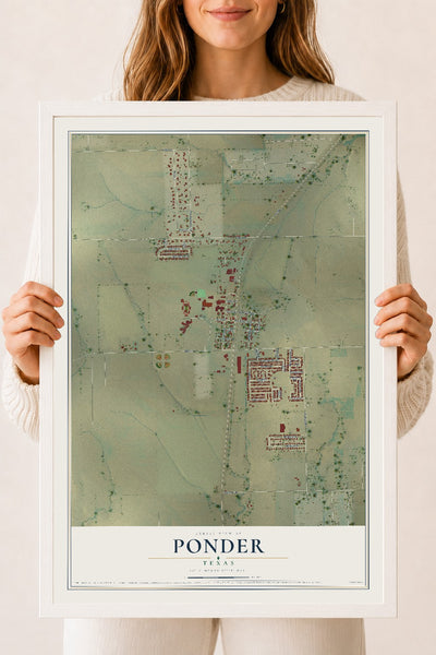 Map of Ponder, Texas, 18 x 24 inch print in a white wood frame
