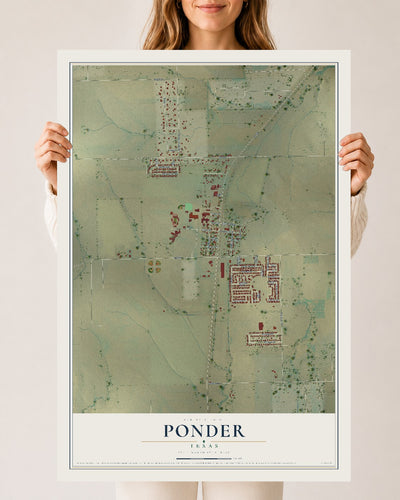 Map of Ponder, Texas, 24 x 36 inch unframed archival matte print