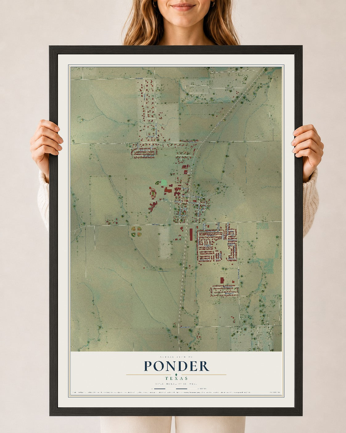 Map of Ponder, Texas, 24 x 36 inch print in a black wood frame