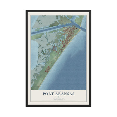 Map of Port Aransas, Texas, 12 x 18 inch print in a black wood frame