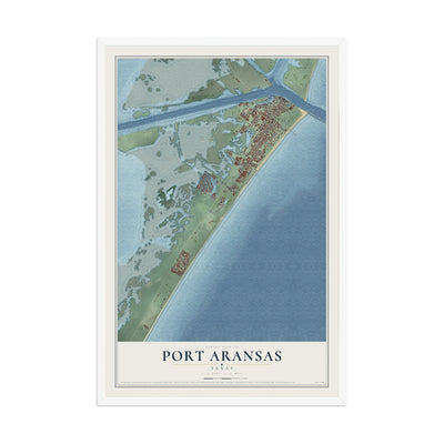 Map of Port Aransas, Texas, 12 x 18 inch print in a white wood frame