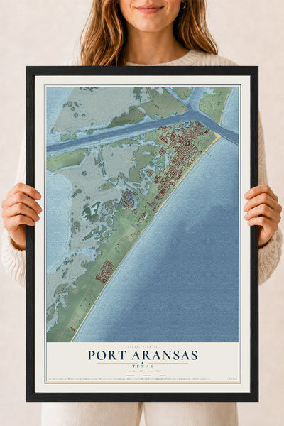 Map of Port Aransas, Texas, 18 x 24 inch print in a black wood frame