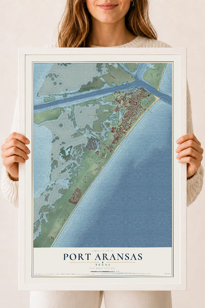 Map of Port Aransas, Texas, 18 x 24 inch print in a white wood frame